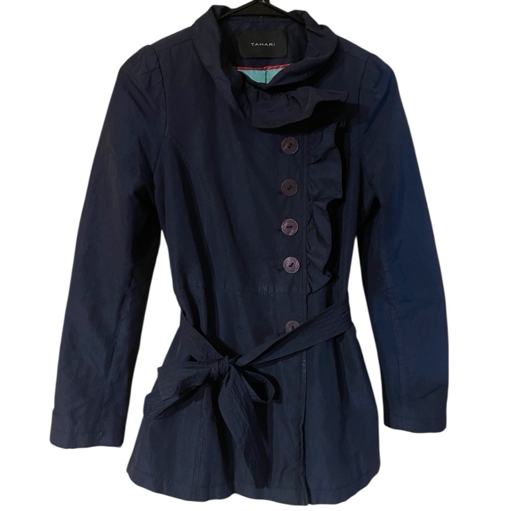 TAHARI Navy Blue Ruffled Front Button Belted Coat M Nylon/Polyester Women Jacket